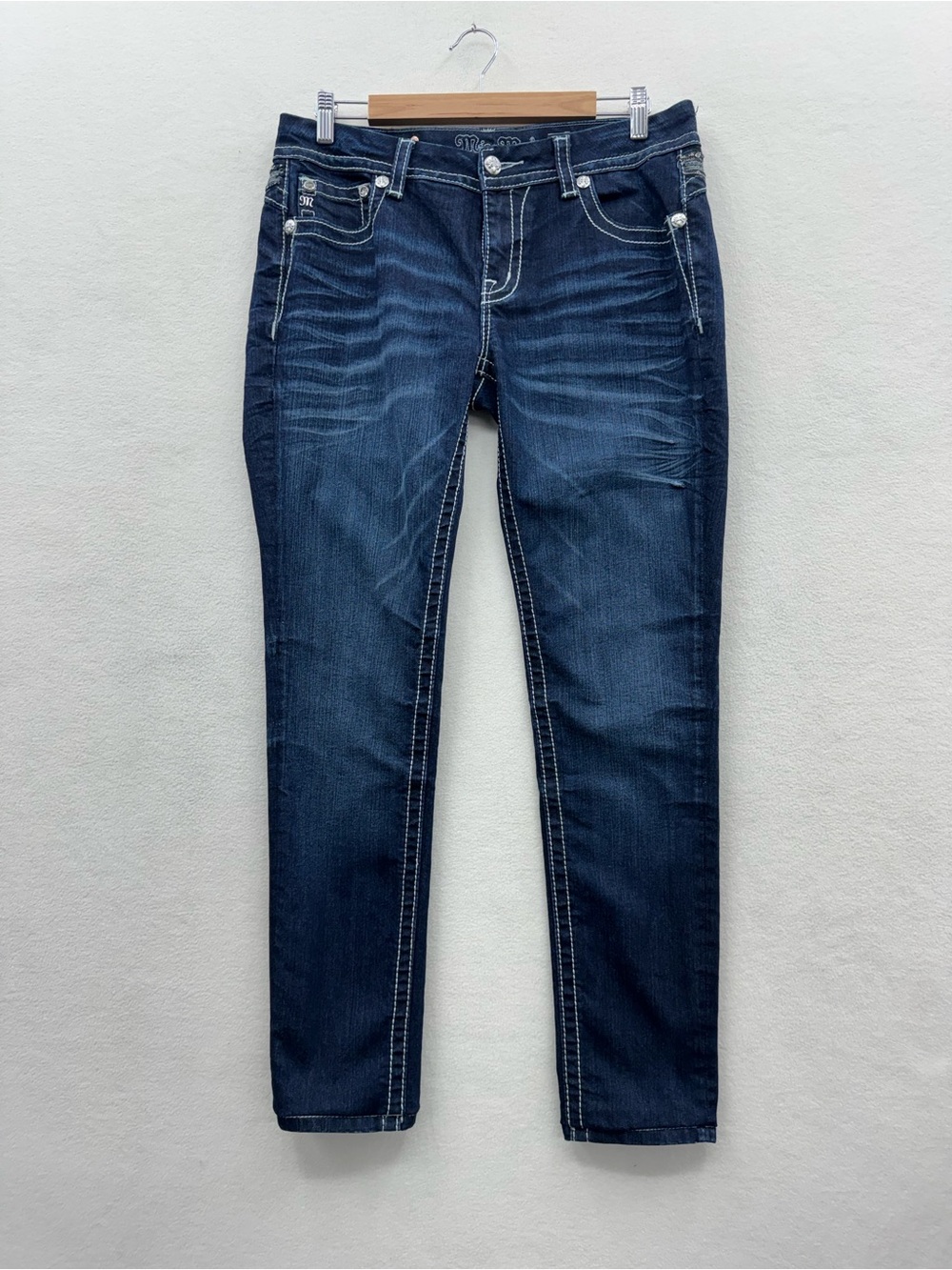 Miss Me Women’s 30 Skinny Jeans Blue Denim Rhinestone Embellished Altered